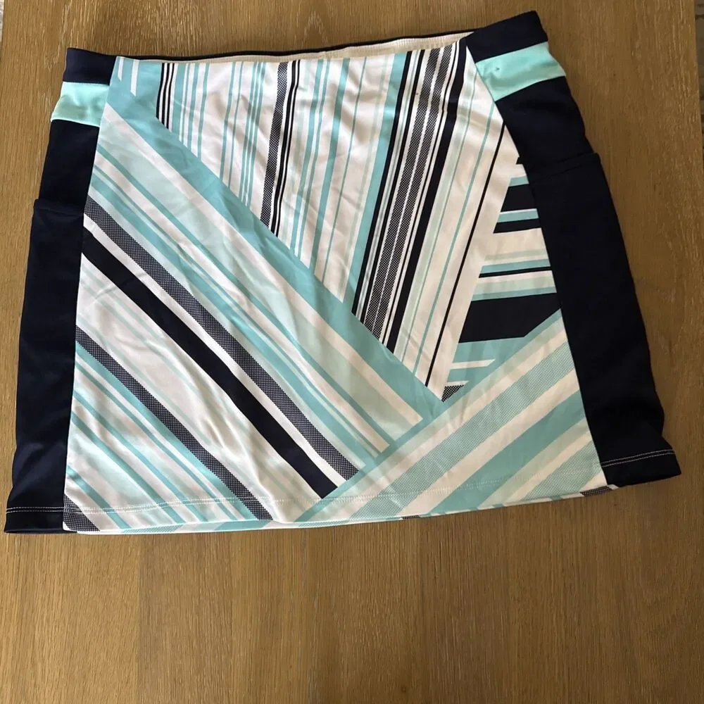 PGA TOUR Womens XL Golf Skort Geometric Stripe Aqua Navy Blue Athletic Tennis